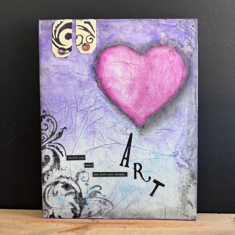 HANDMADE original Decoupage heart pop art cut words paper art wall art purple